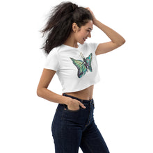 Load image into Gallery viewer, Sky Blue Butterfly Silks Organic Crop Top