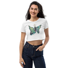 Load image into Gallery viewer, Sky Blue Butterfly Silks Organic Crop Top
